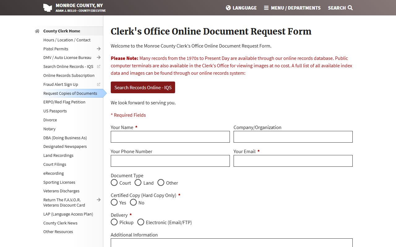 Monroe County court records document request form fields